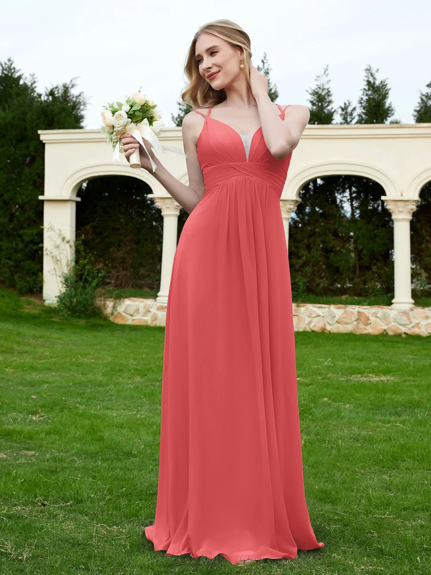 Floor Length V Neck Chiffon Bridesmaid Gown Watermelon Plus Size