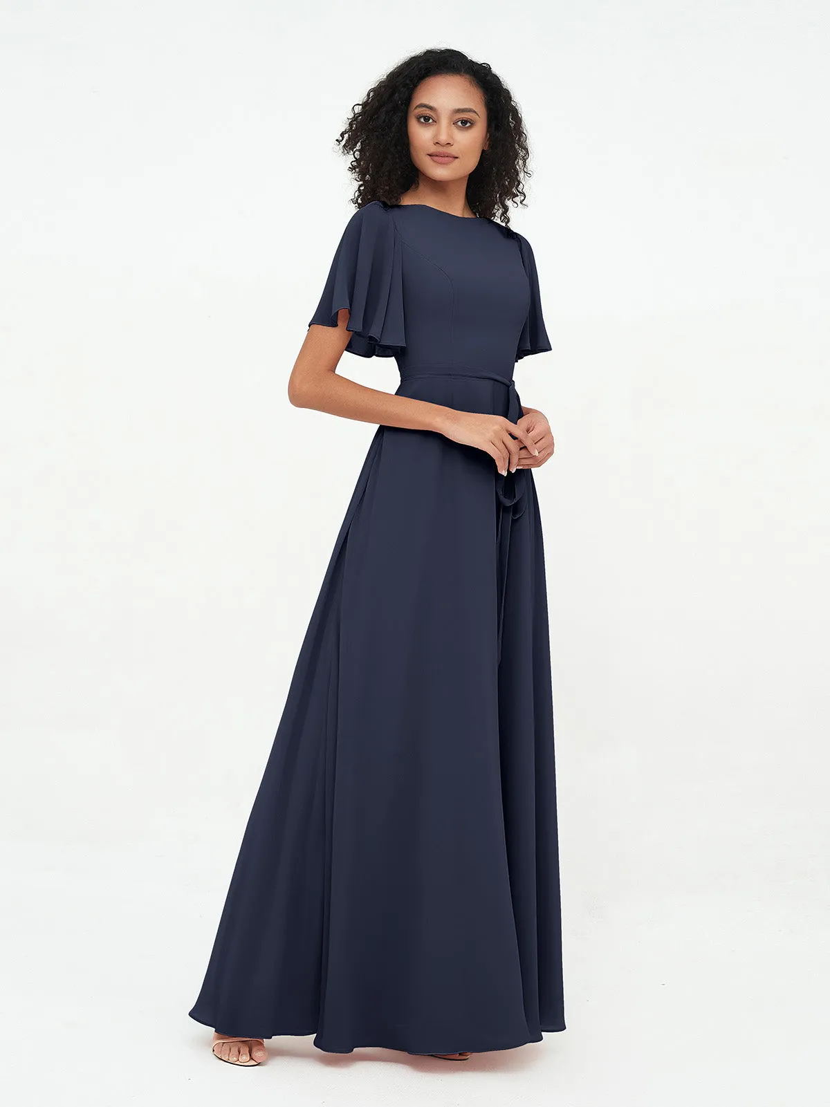 Flutter Sleeves Chiffon Max Dresses with Sash Bow-Dark Navy