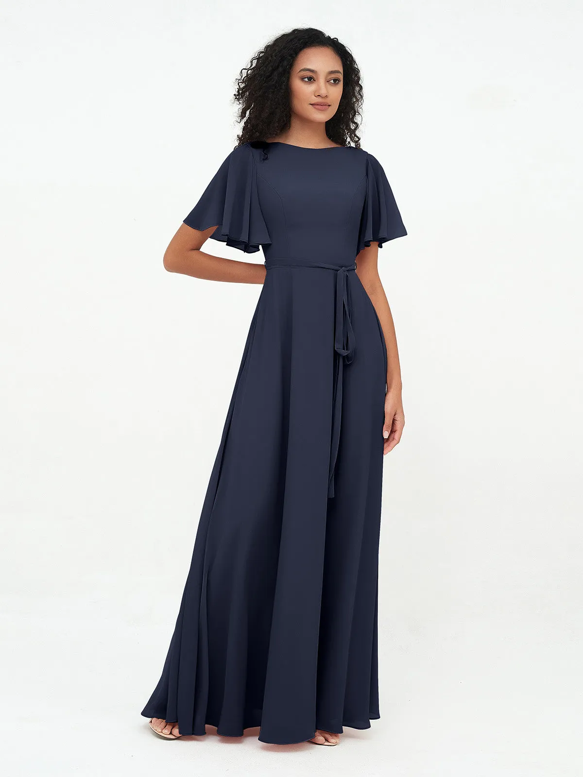 Flutter Sleeves Chiffon Max Dresses with Sash Bow-Dark Navy