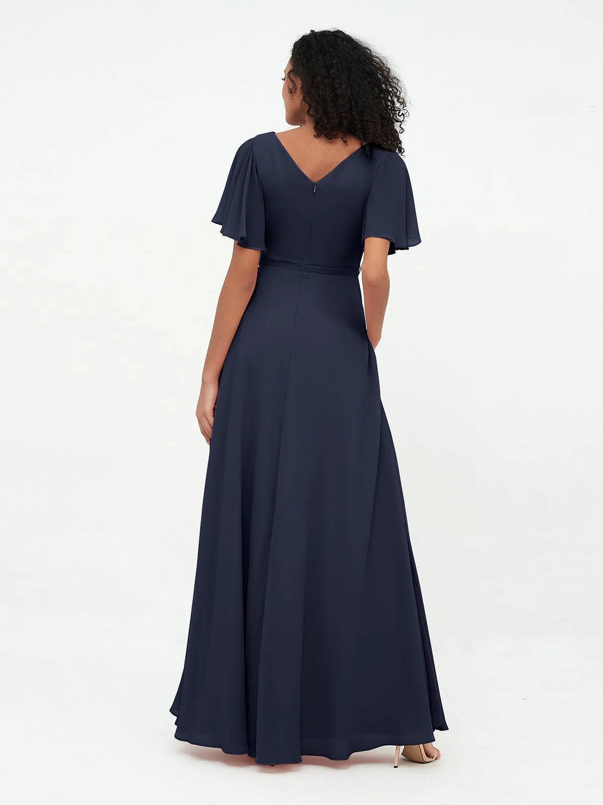 Flutter Sleeves Chiffon Max Dresses with Sash Bow-Dark Navy