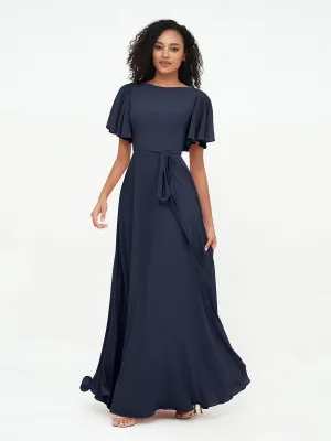 Flutter Sleeves Chiffon Max Dresses with Sash Bow-Dark Navy