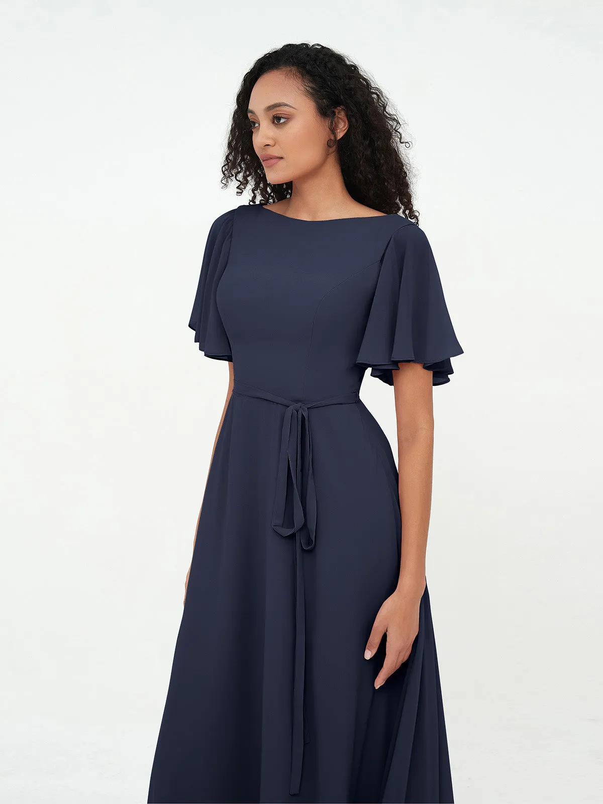 Flutter Sleeves Chiffon Max Dresses with Sash Bow-Dark Navy