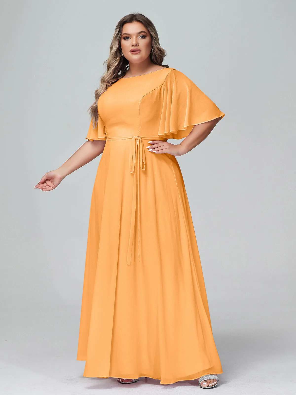 Flutter Sleeves Chiffon Max Dresses with Sash Bow-Tangerine Plus Size