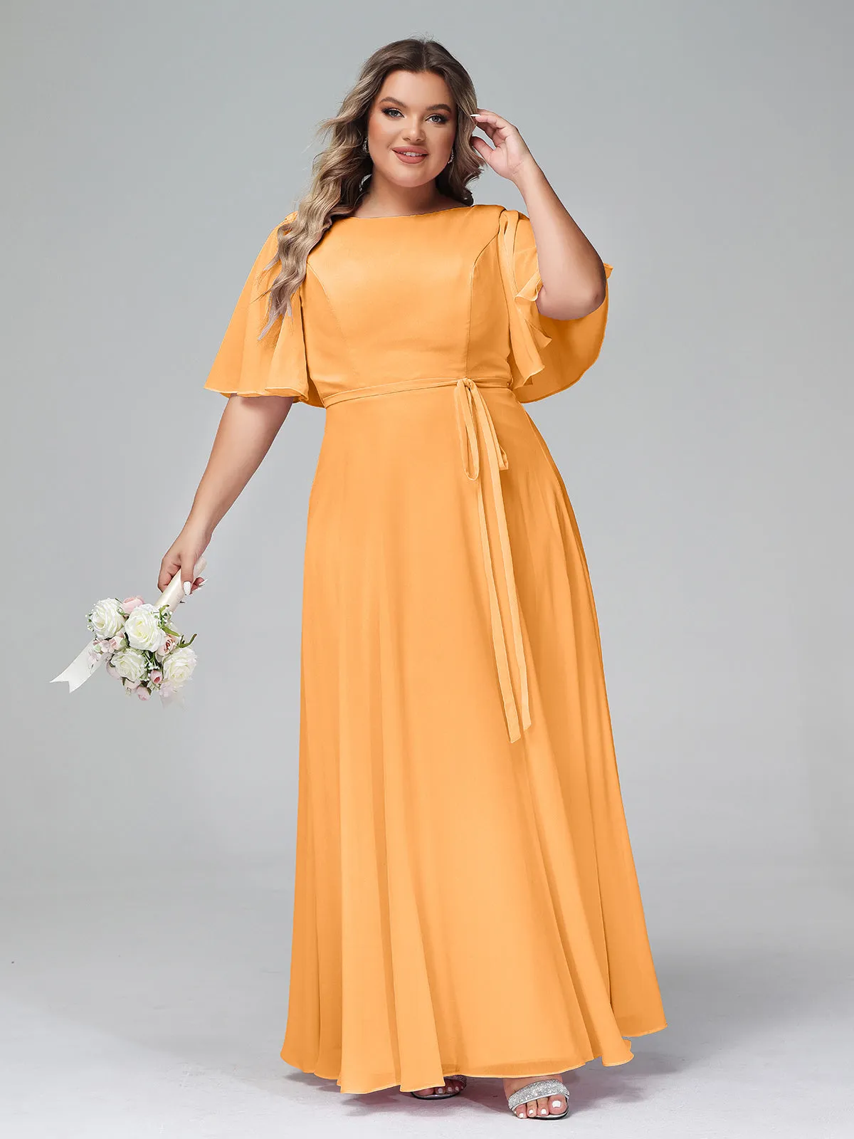 Flutter Sleeves Chiffon Max Dresses with Sash Bow-Tangerine Plus Size