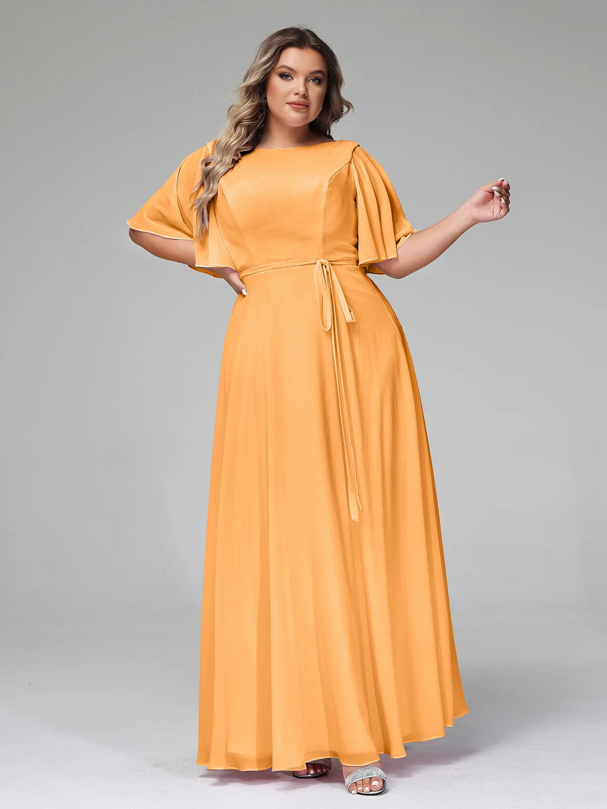 Flutter Sleeves Chiffon Max Dresses with Sash Bow-Tangerine Plus Size