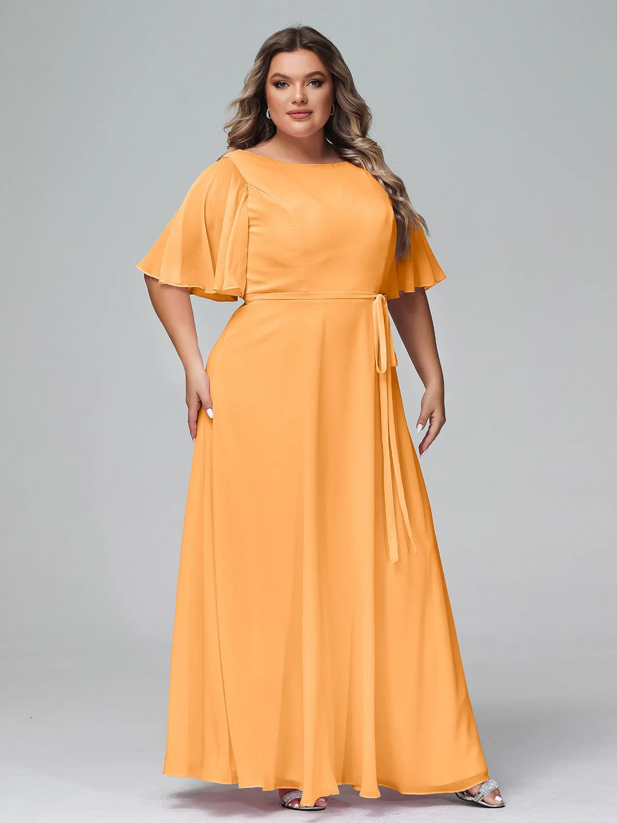 Flutter Sleeves Chiffon Max Dresses with Sash Bow-Tangerine Plus Size