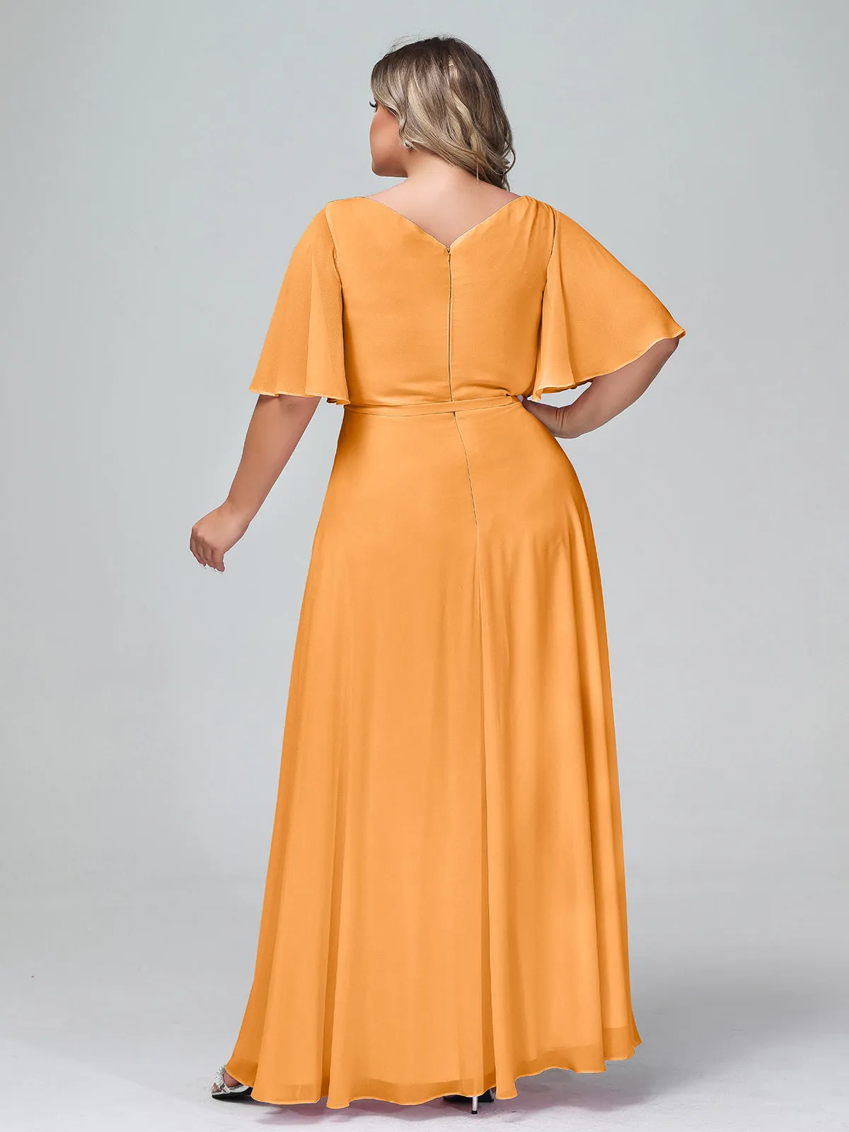 Flutter Sleeves Chiffon Max Dresses with Sash Bow-Tangerine Plus Size