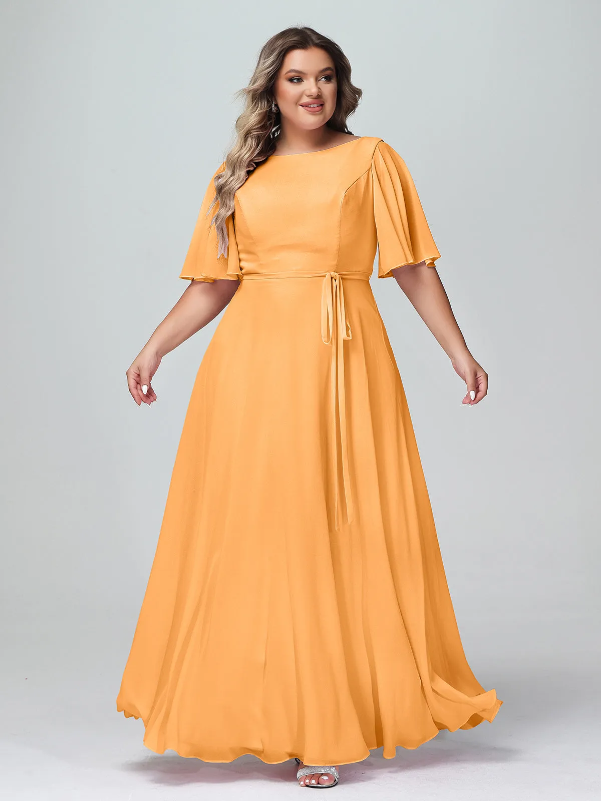 Flutter Sleeves Chiffon Max Dresses with Sash Bow-Tangerine Plus Size