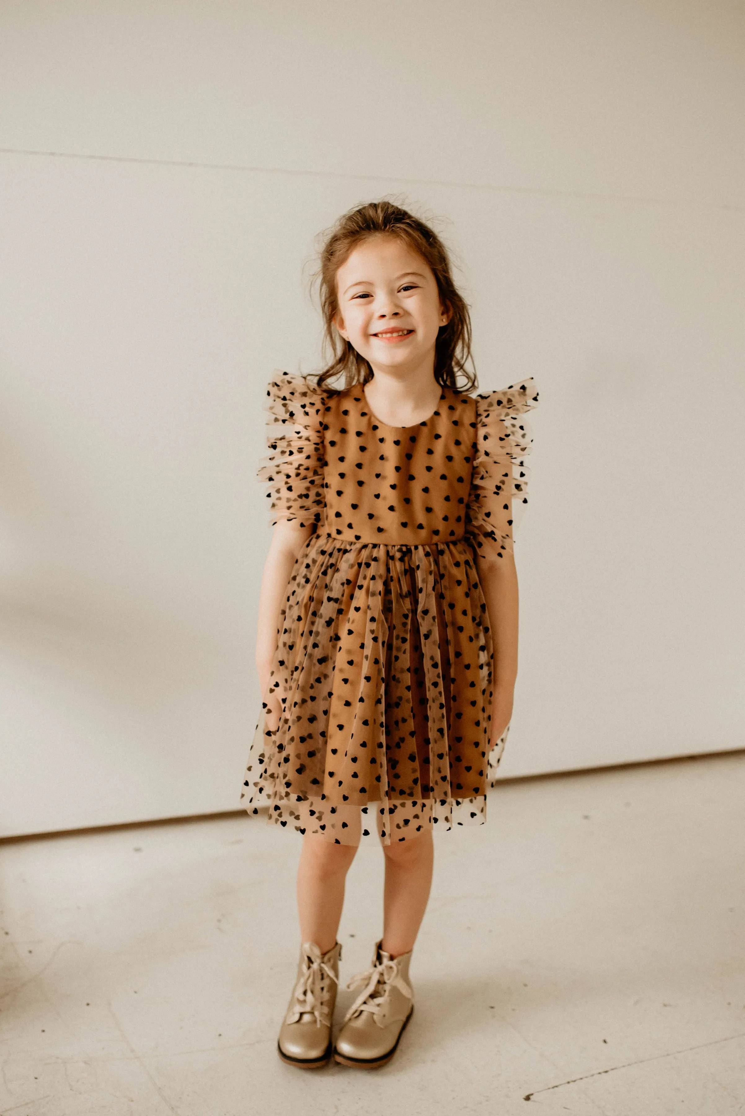 Girl's Black and Brown Tulle Hearts Valentine's Day Twirl Dress