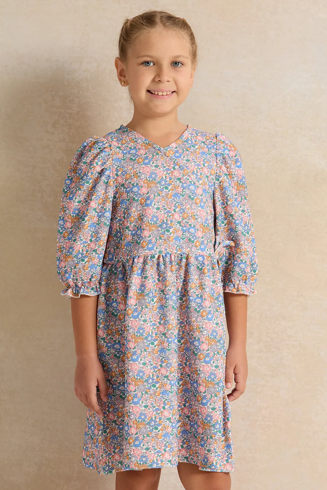 Girls Ivory Printed Dress