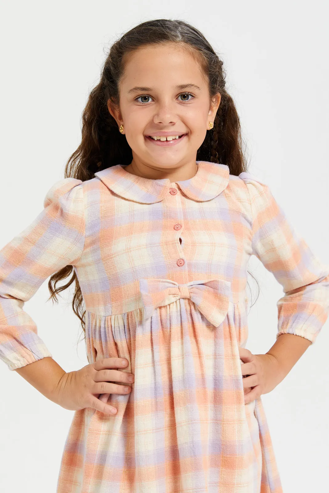 Girls Peach Checkered Dress