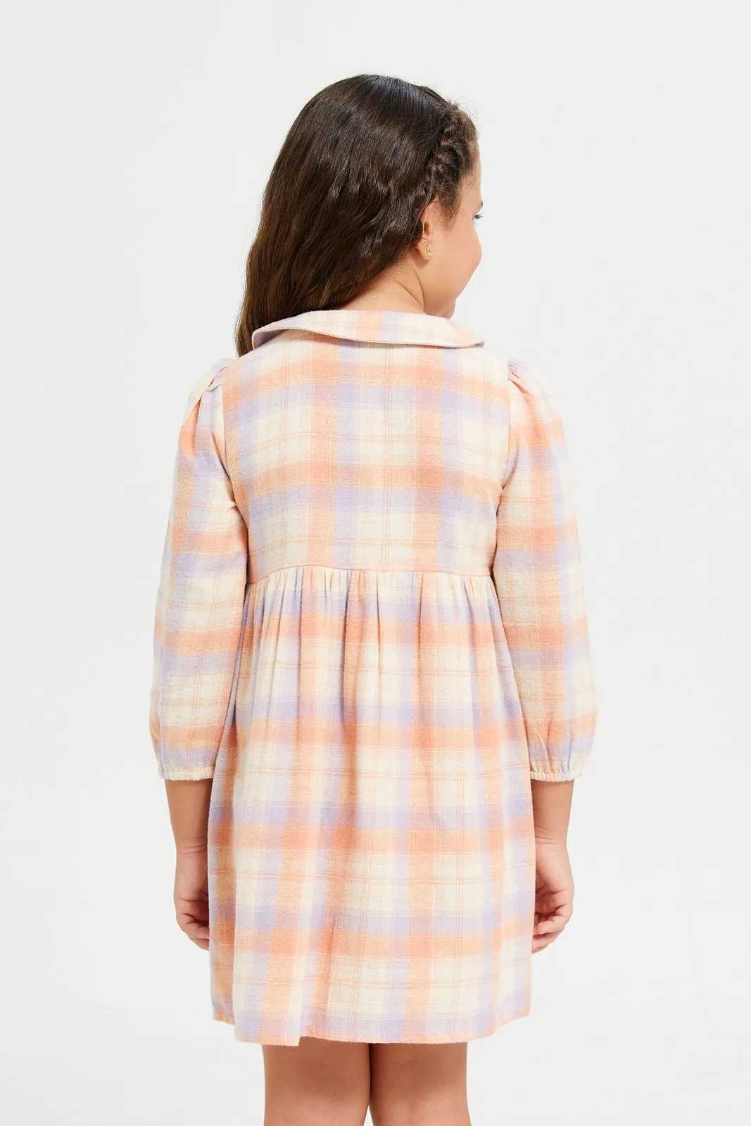 Girls Peach Checkered Dress