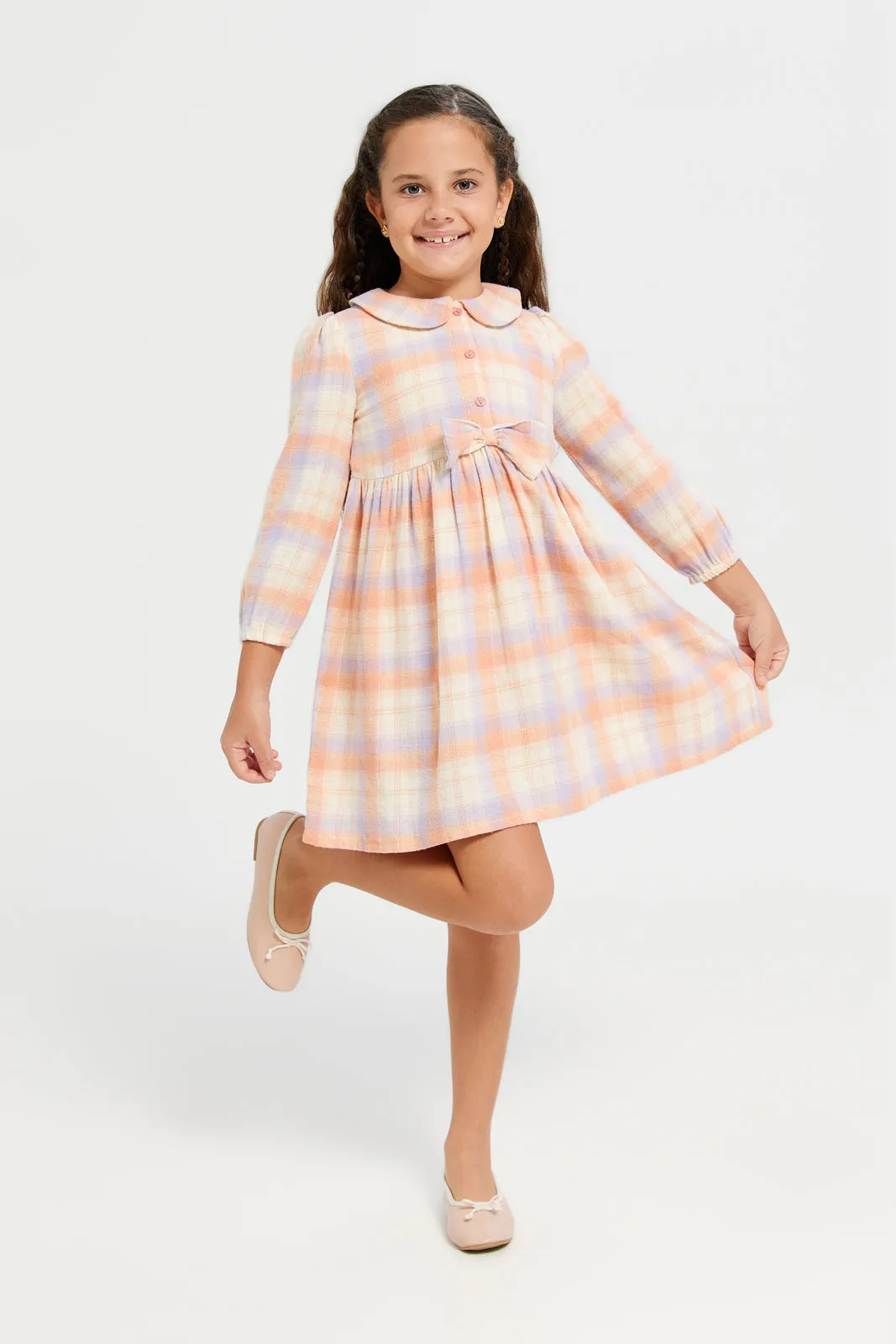 Girls Peach Checkered Dress