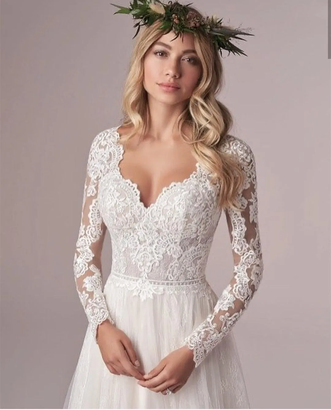 Graceful V-Neck Floor length Long Sleeve Wedding Dress With Corset Low Back