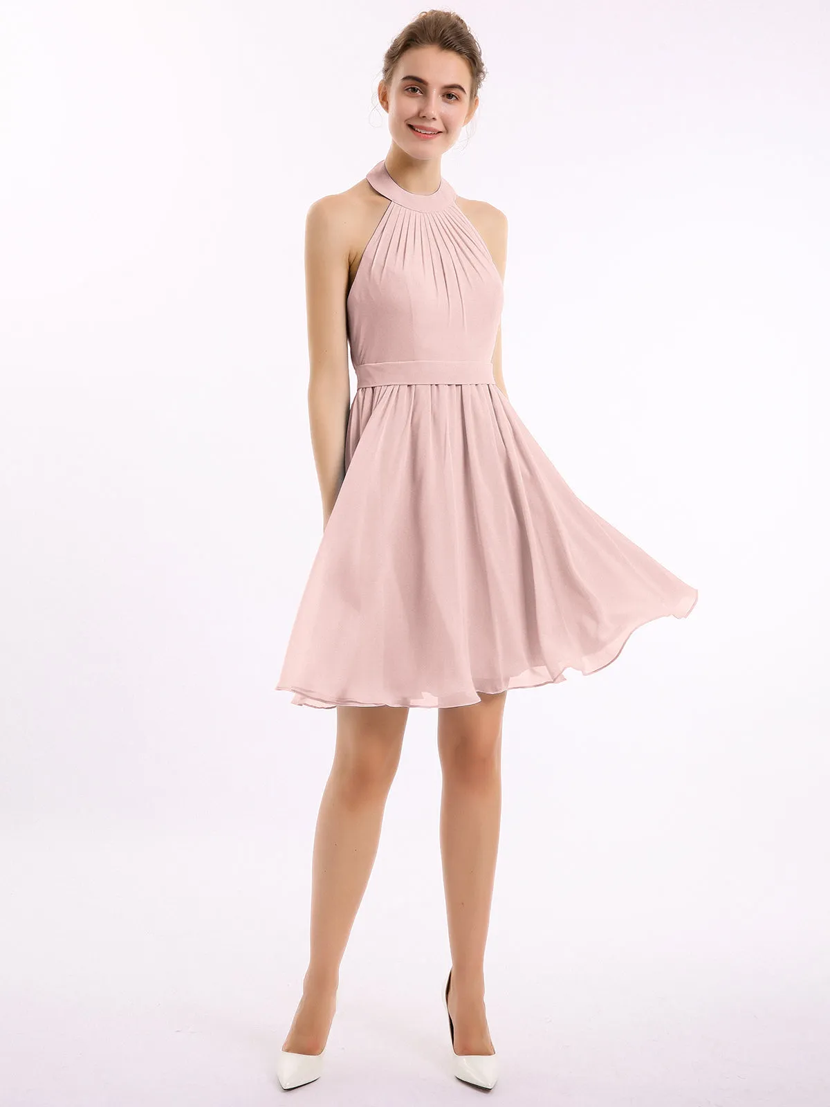 Halter Chiffon Short Bridesmaid Dresses-Dusty Rose Plus Size