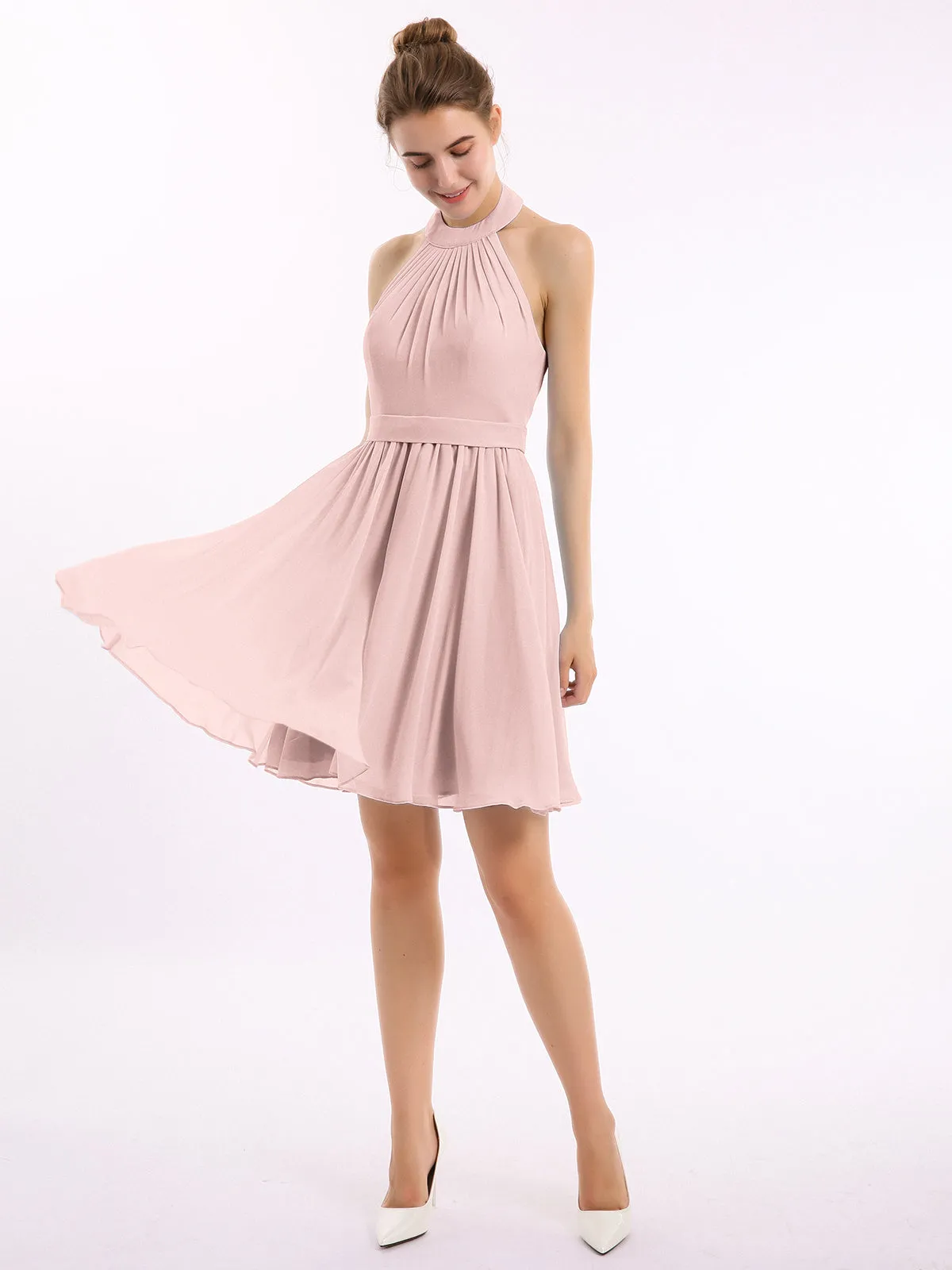 Halter Chiffon Short Bridesmaid Dresses-Dusty Rose Plus Size