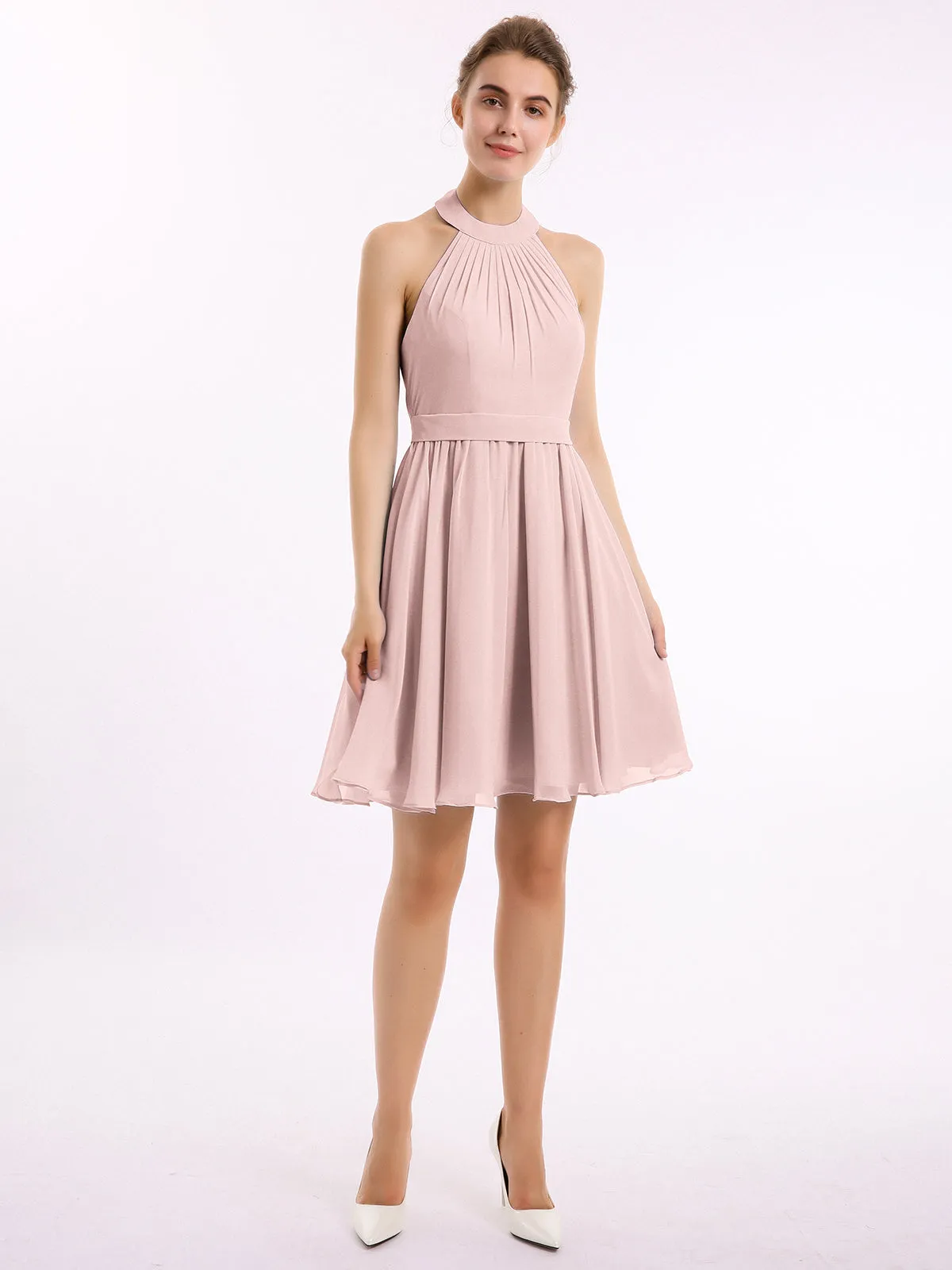 Halter Chiffon Short Bridesmaid Dresses-Dusty Rose Plus Size