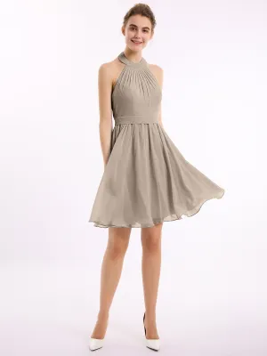 Halter Chiffon Short Bridesmaid Dresses-Taupe