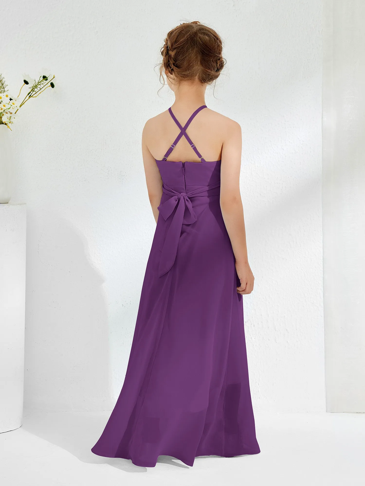 Halter Neckline Junior Bridesmaid Dresses with Sash Grape