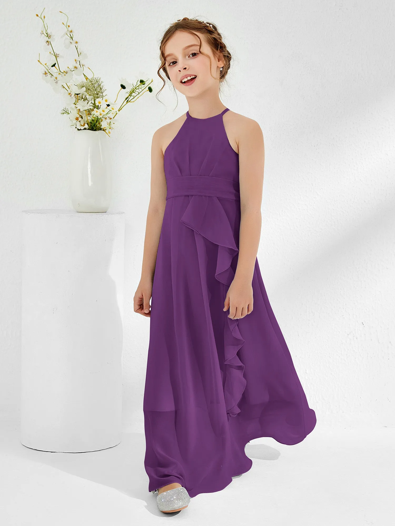 Halter Neckline Junior Bridesmaid Dresses with Sash Grape