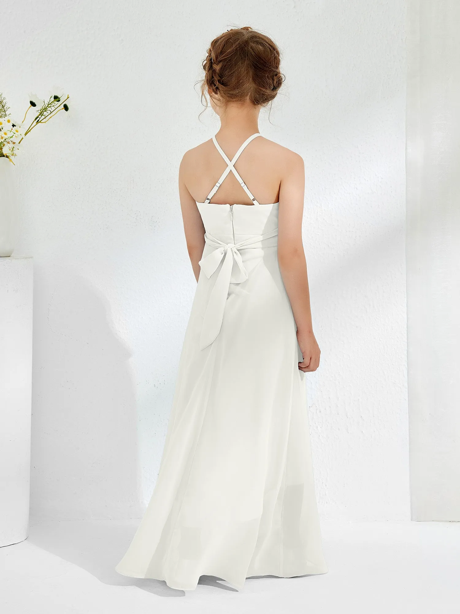 Halter Neckline Junior Bridesmaid Dresses with Sash Ivory