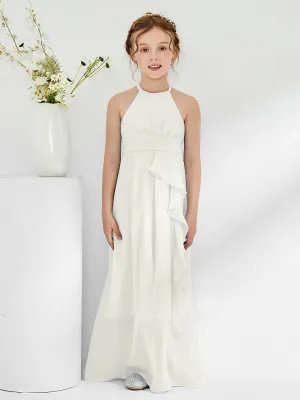 Halter Neckline Junior Bridesmaid Dresses with Sash Ivory