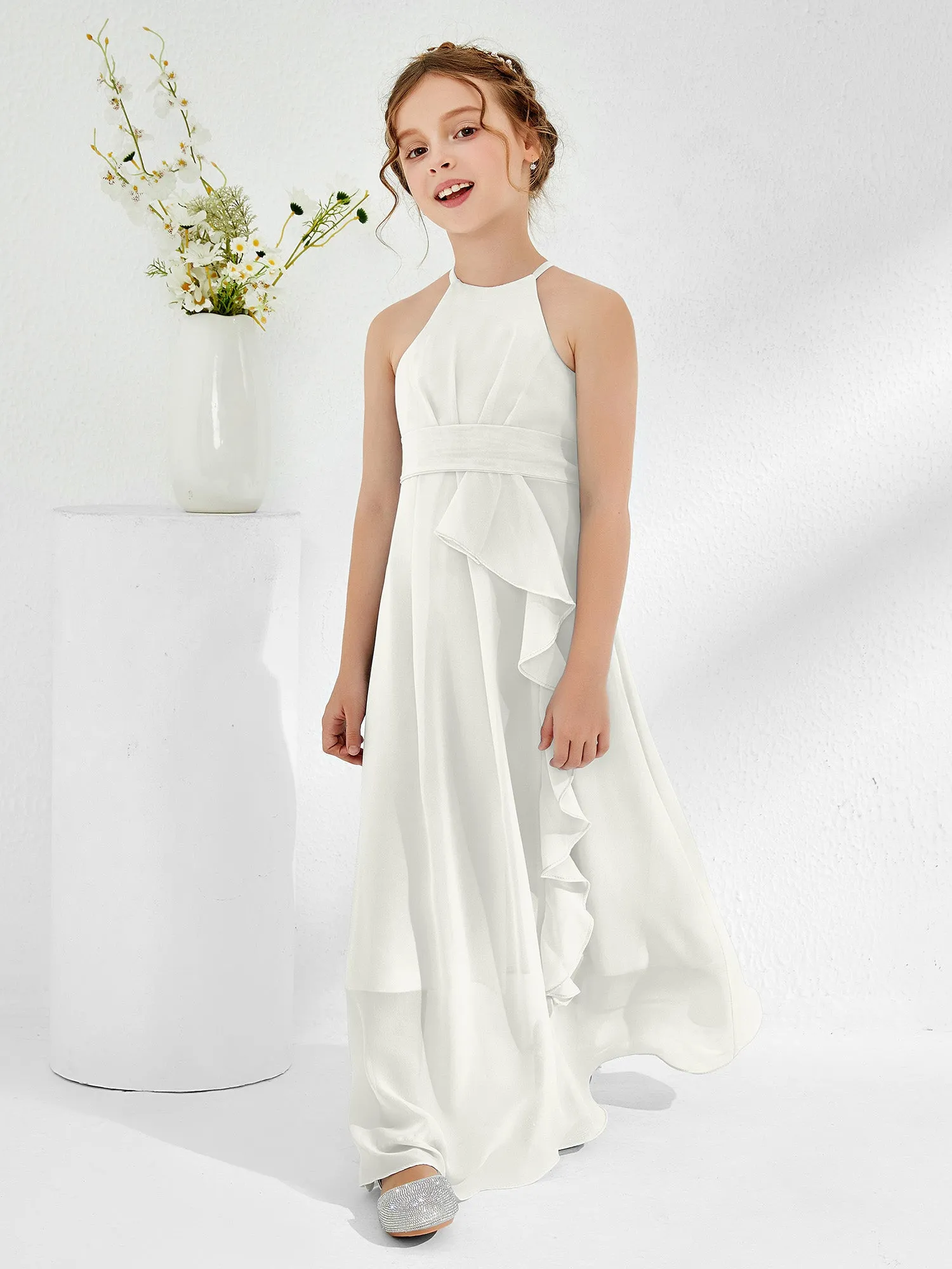 Halter Neckline Junior Bridesmaid Dresses with Sash Ivory