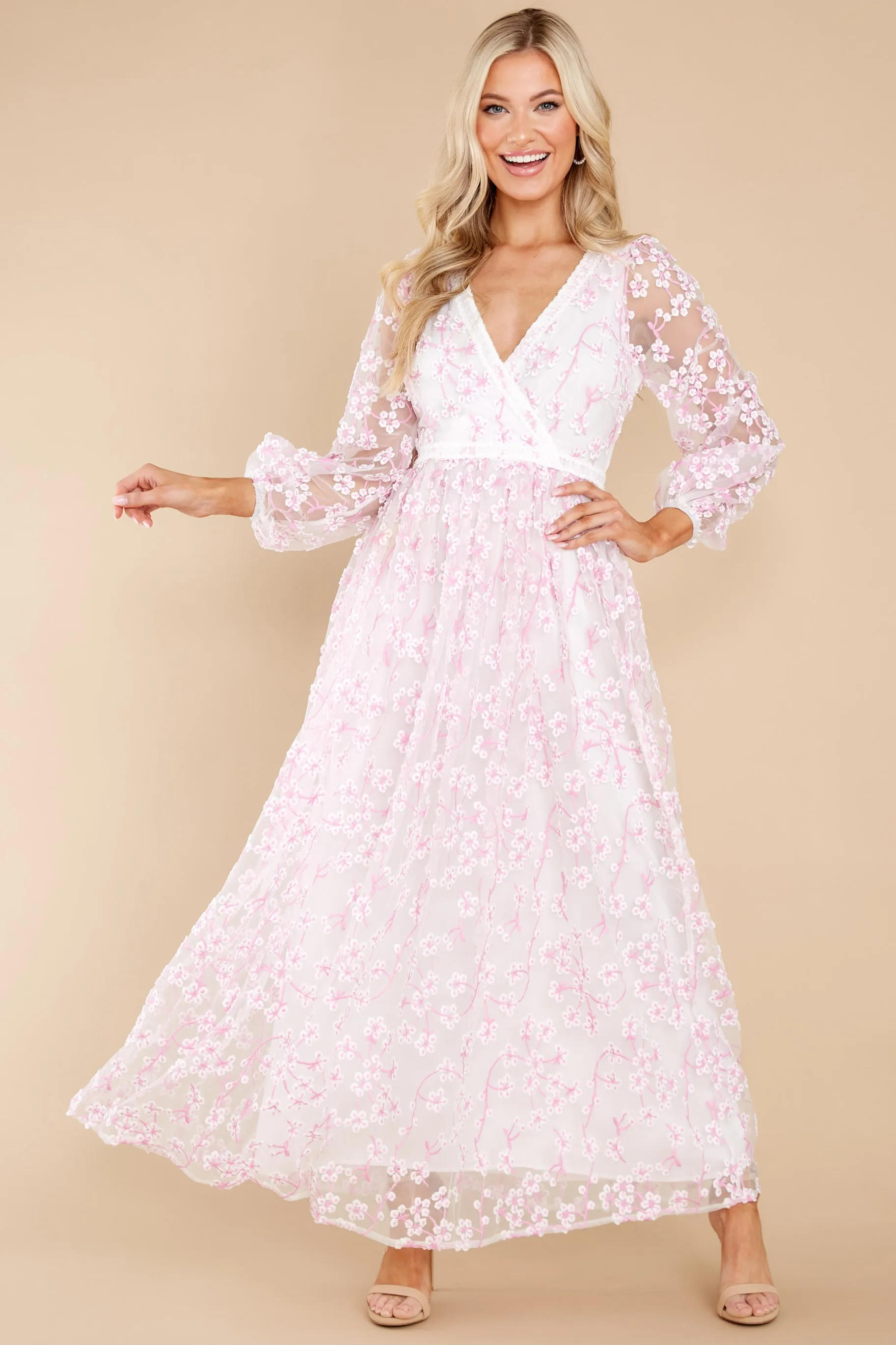 Heavenly Sights Pink And White Floral Embroidered Maxi Dress