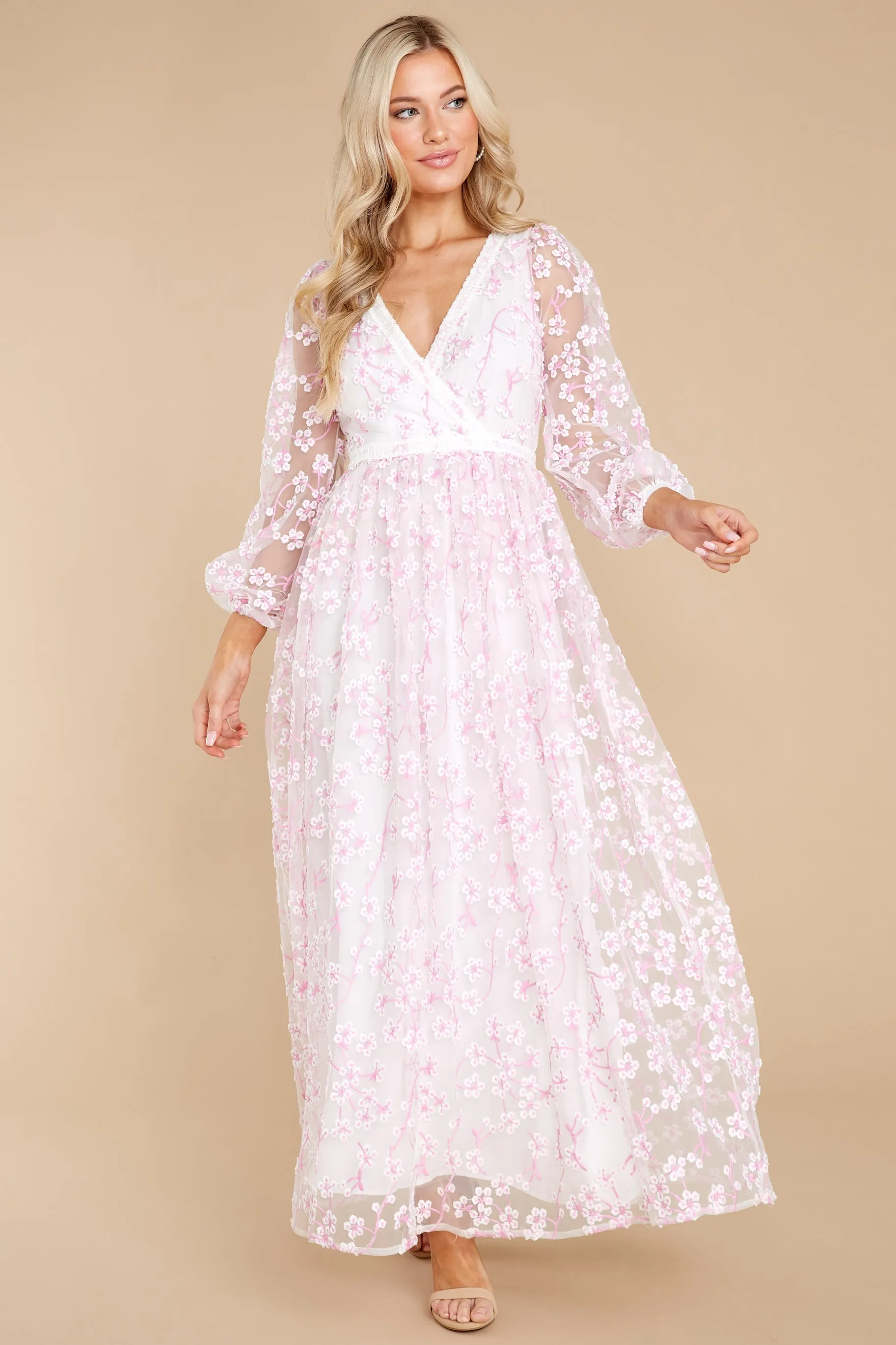 Heavenly Sights Pink And White Floral Embroidered Maxi Dress