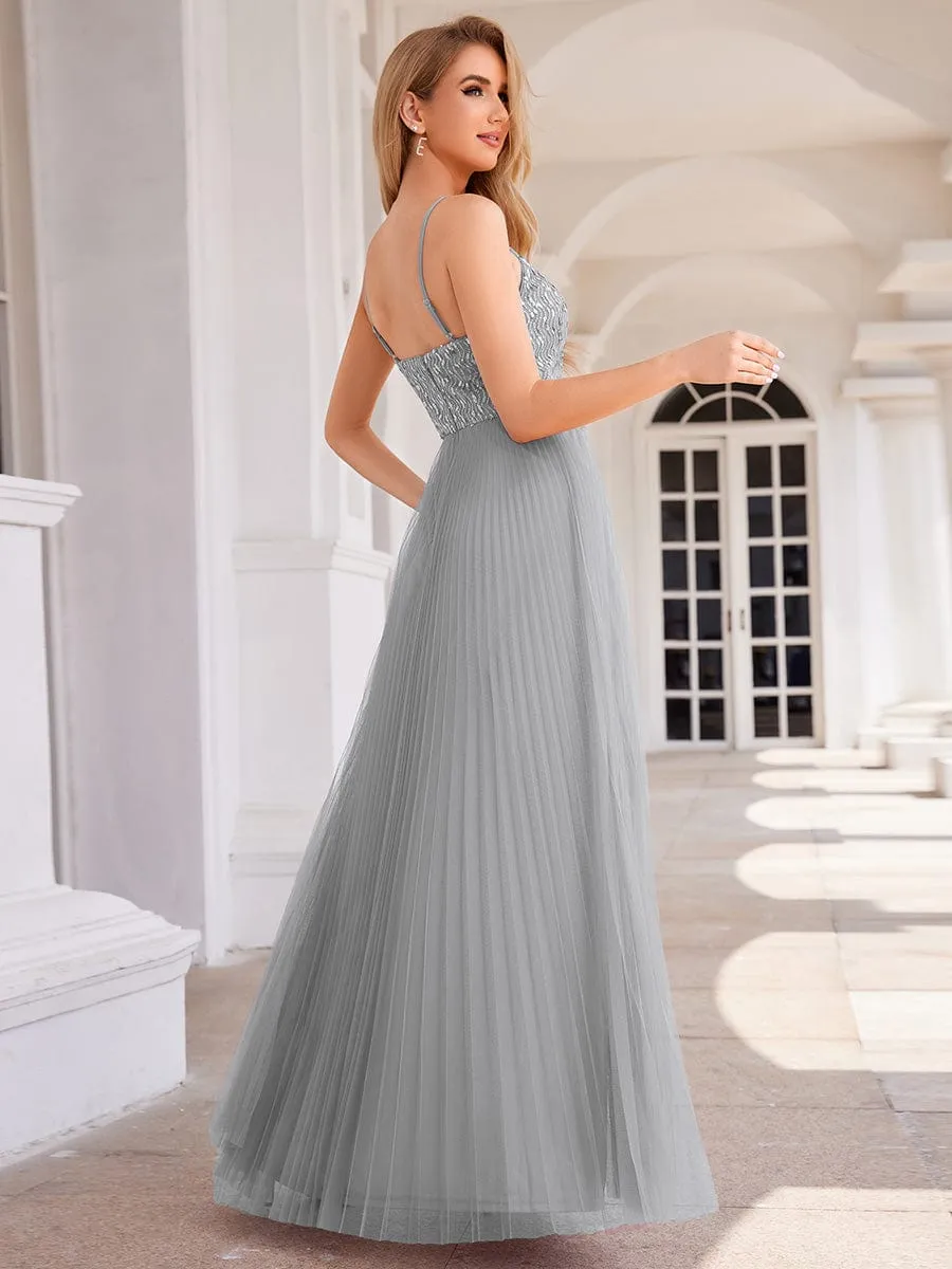 High-Waist V-Neck Sequined Bodice Sleeveless Backless Formal Evening Dress