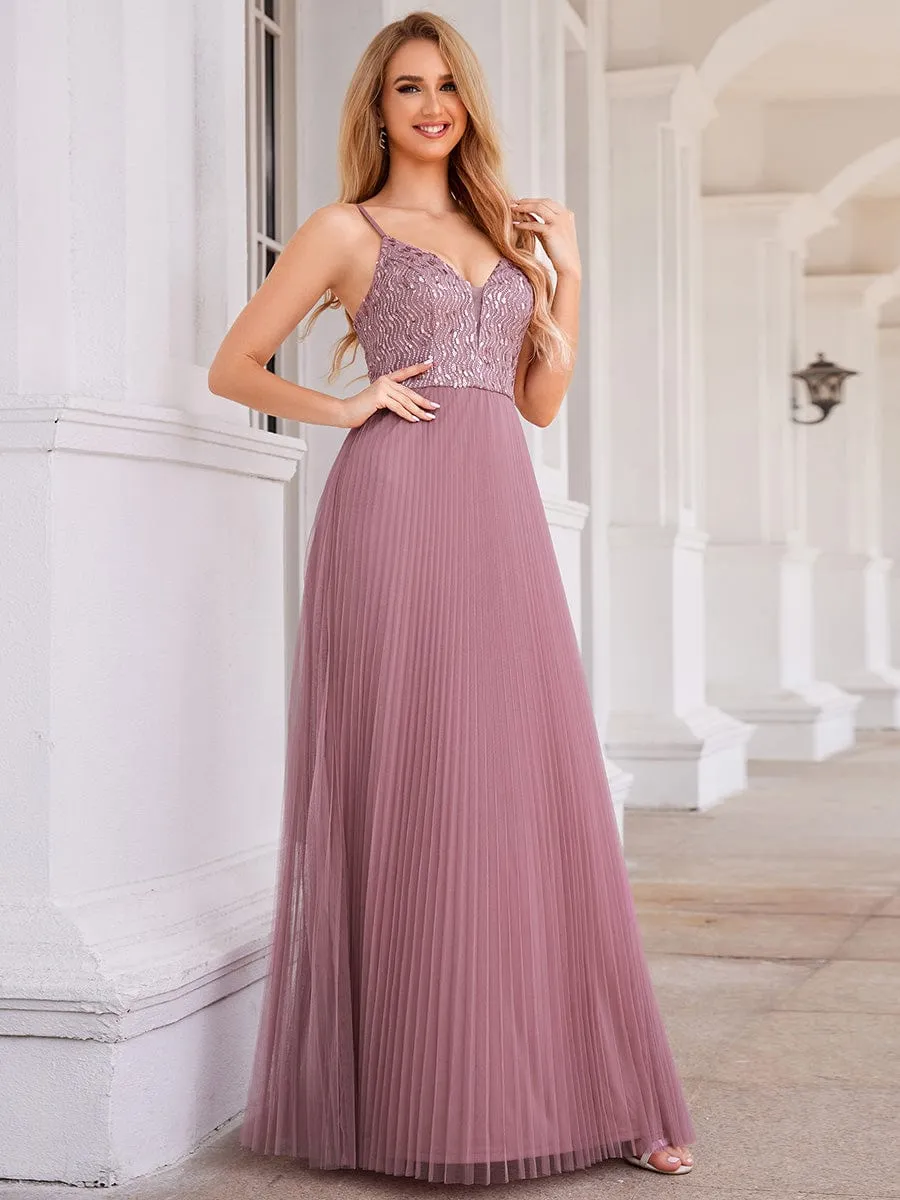 High-Waist V-Neck Sequined Bodice Sleeveless Backless Formal Evening Dress