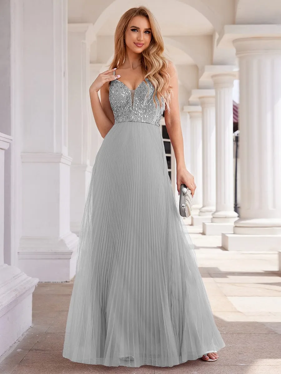 High-Waist V-Neck Sequined Bodice Sleeveless Backless Formal Evening Dress