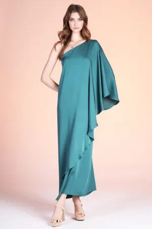 Hunter Green Washed Poly Silk Athena One Shoulder Maxi