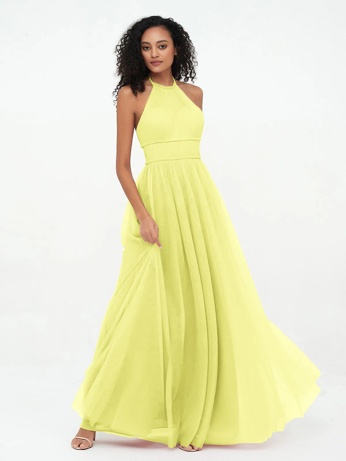 Illusion Halter Tulle Maxi Boho Dresses-Daffodil Plus Size