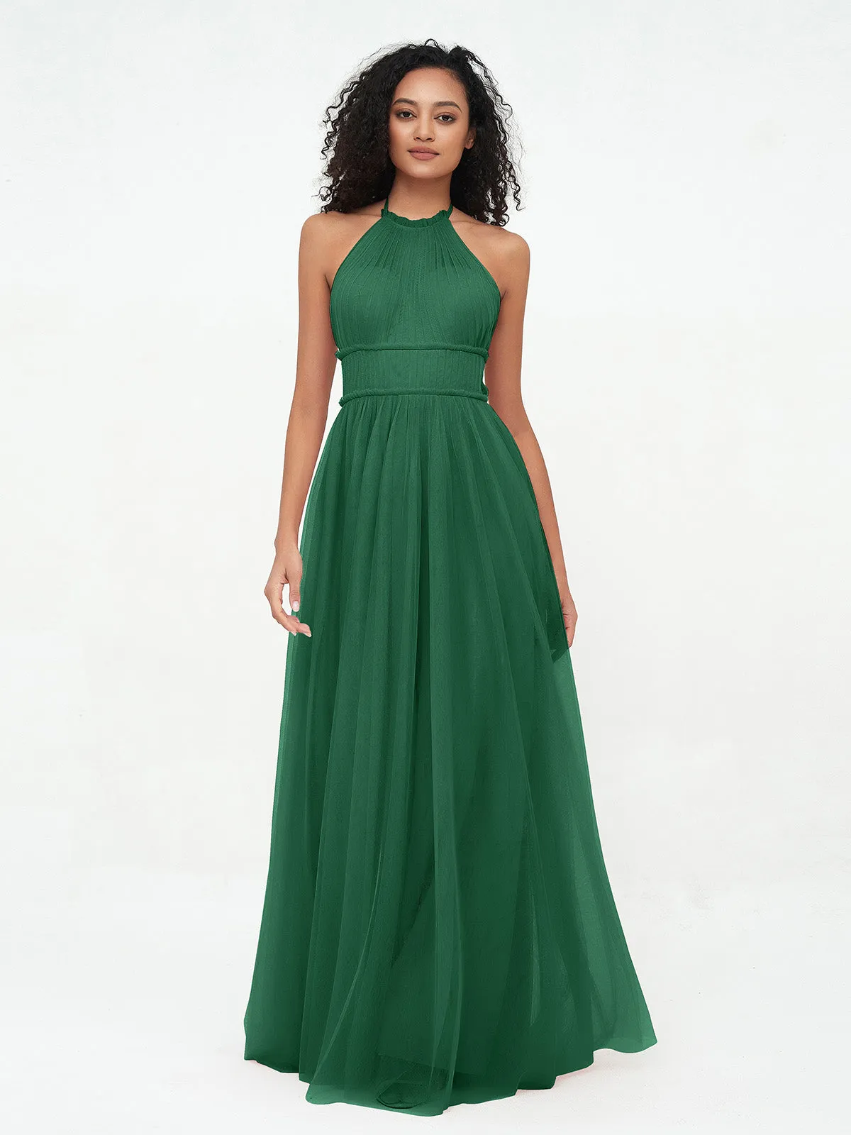 Illusion Halter Tulle Maxi Boho Dresses-Dark Green