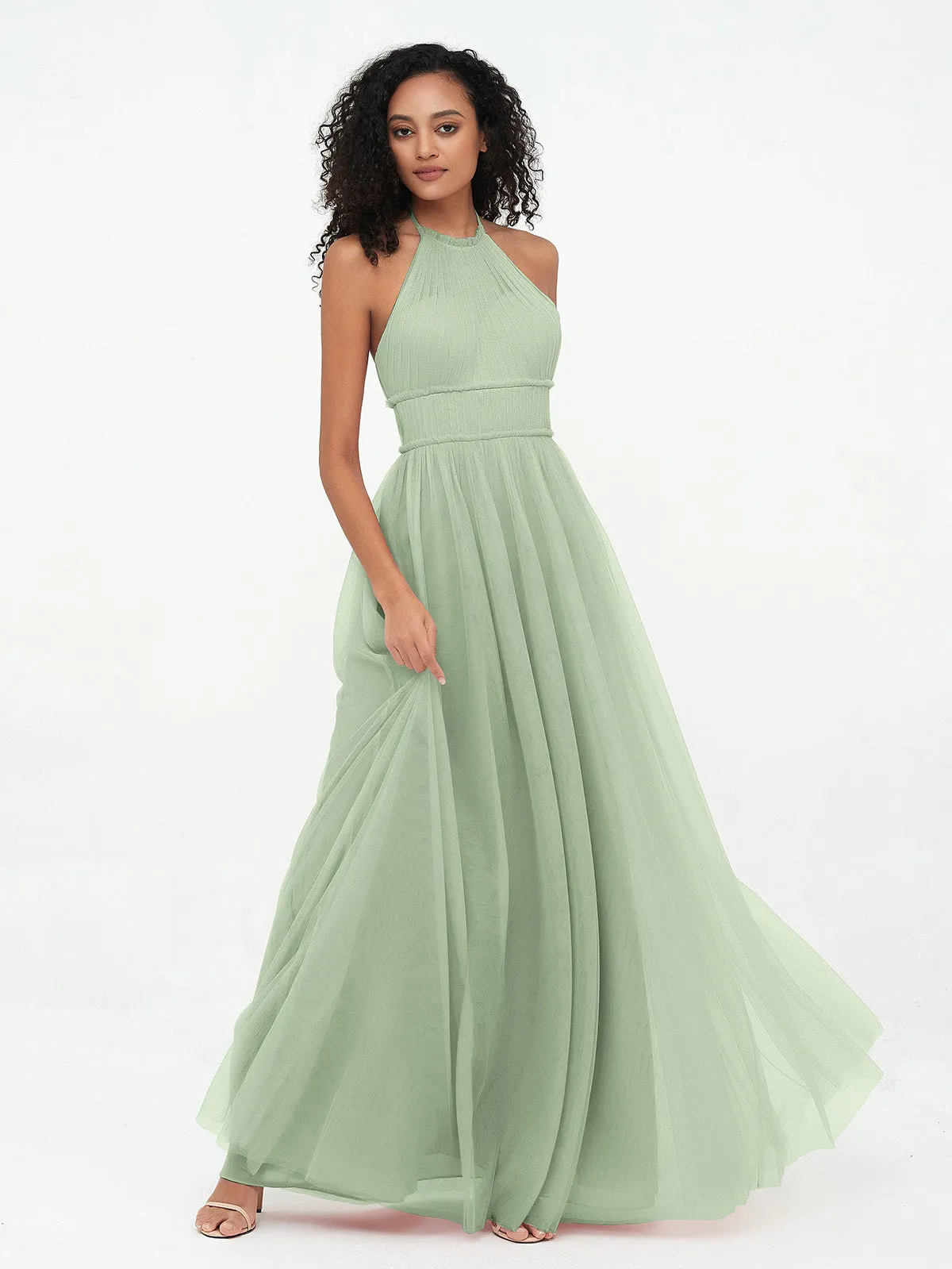 Illusion Halter Tulle Maxi Boho Dresses-Dusty Sage