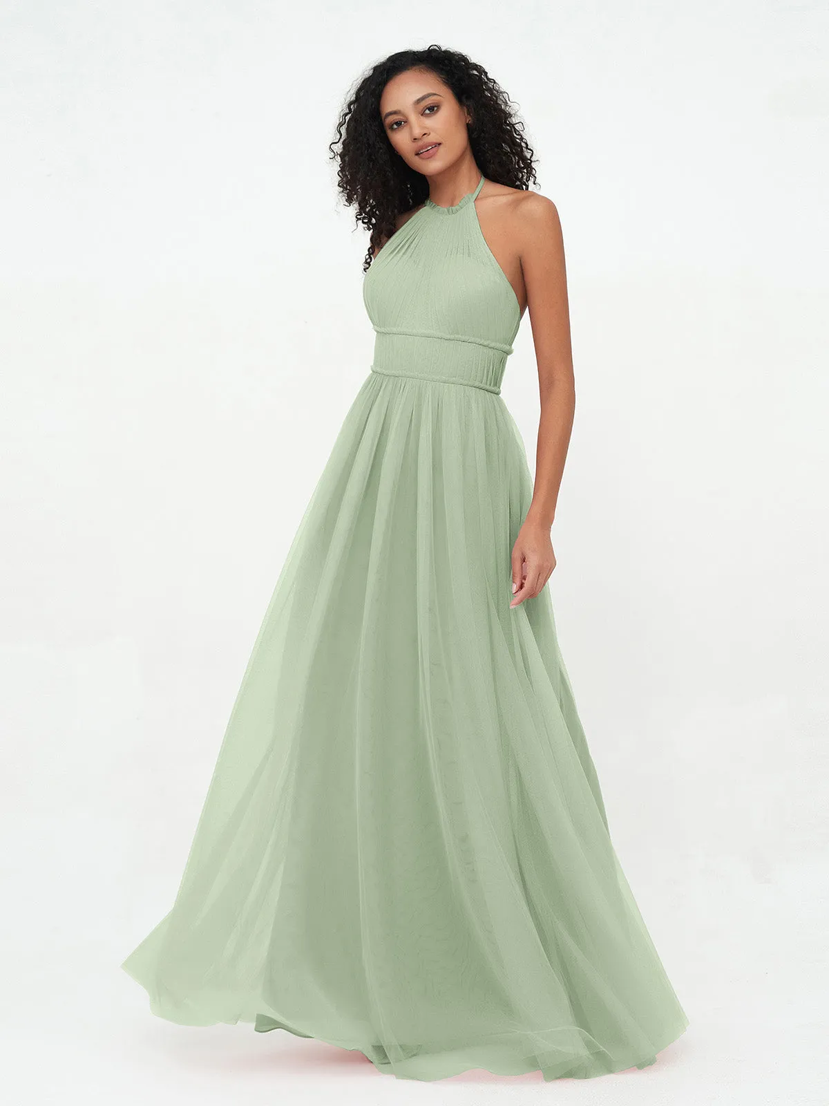 Illusion Halter Tulle Maxi Boho Dresses-Dusty Sage