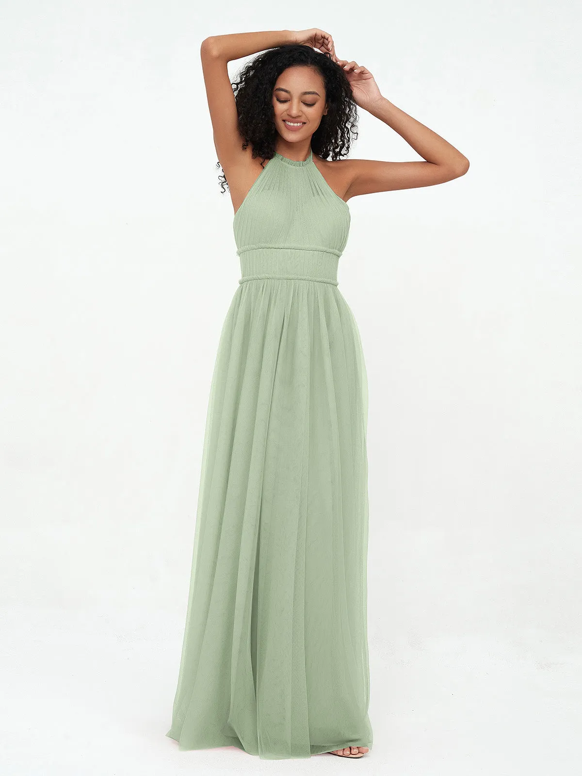 Illusion Halter Tulle Maxi Boho Dresses-Dusty Sage