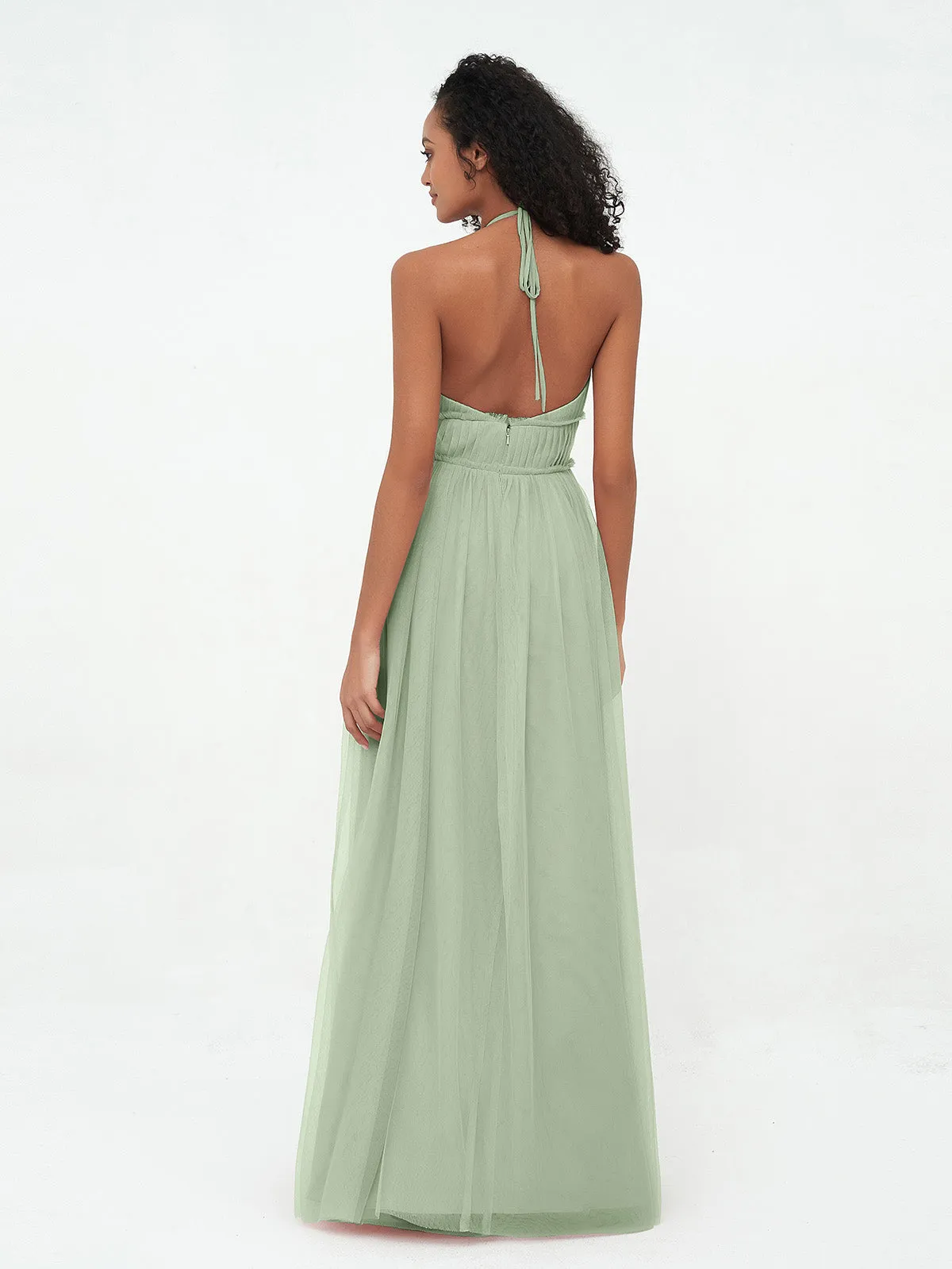 Illusion Halter Tulle Maxi Boho Dresses-Dusty Sage