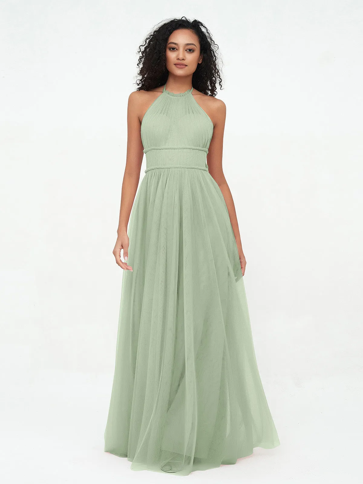 Illusion Halter Tulle Maxi Boho Dresses-Dusty Sage