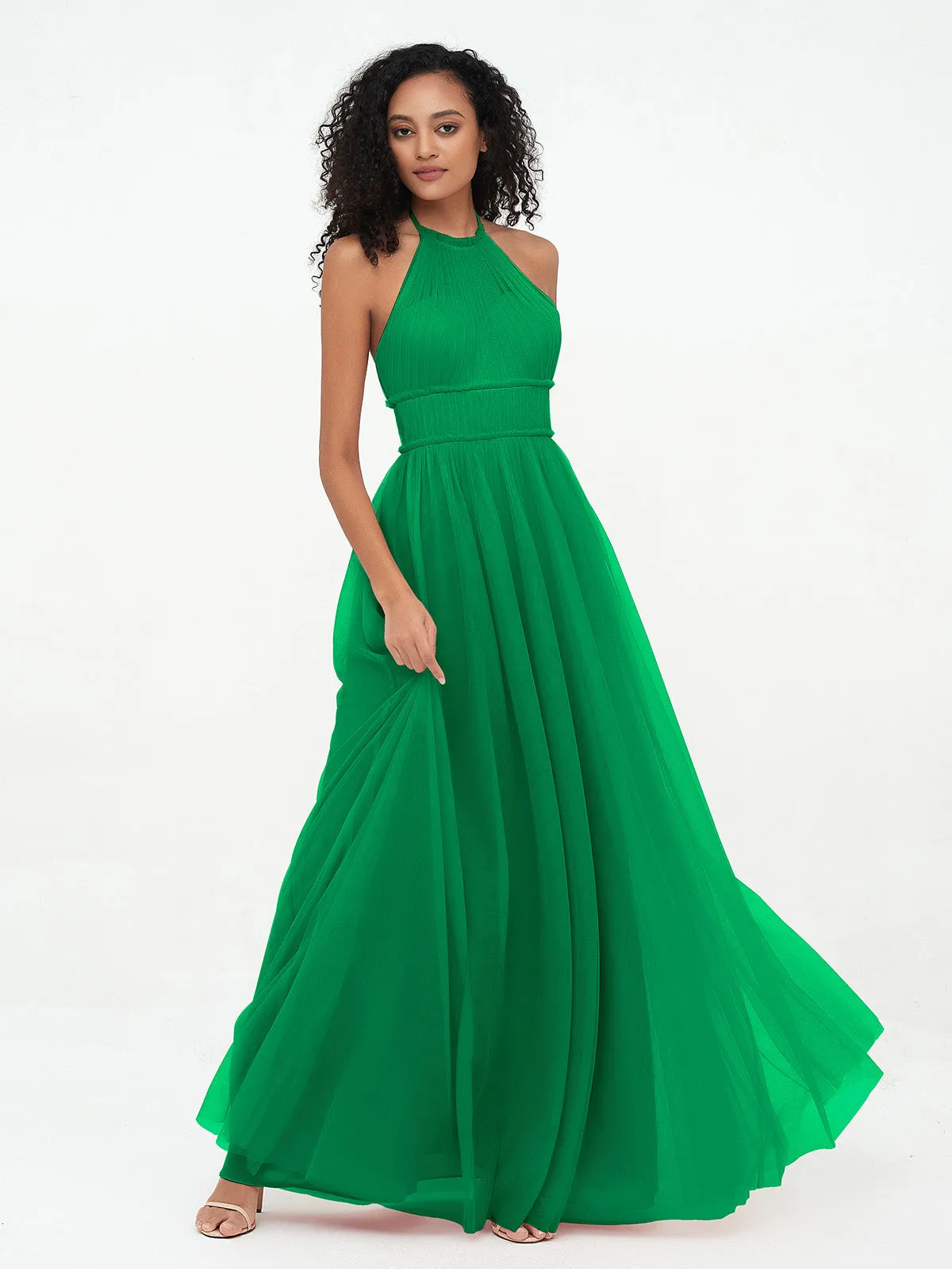 Illusion Halter Tulle Maxi Boho Dresses-Emerald Plus Size