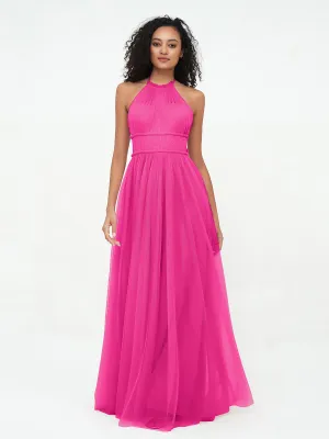 Illusion Halter Tulle Maxi Boho Dresses-Fuchsia