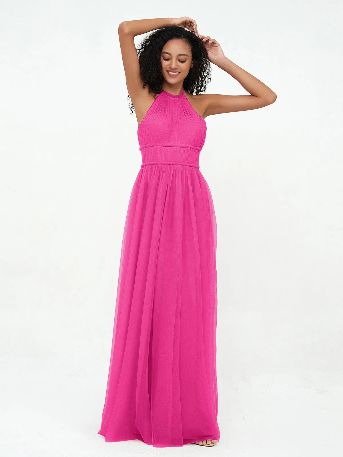 Illusion Halter Tulle Maxi Boho Dresses-Fuchsia