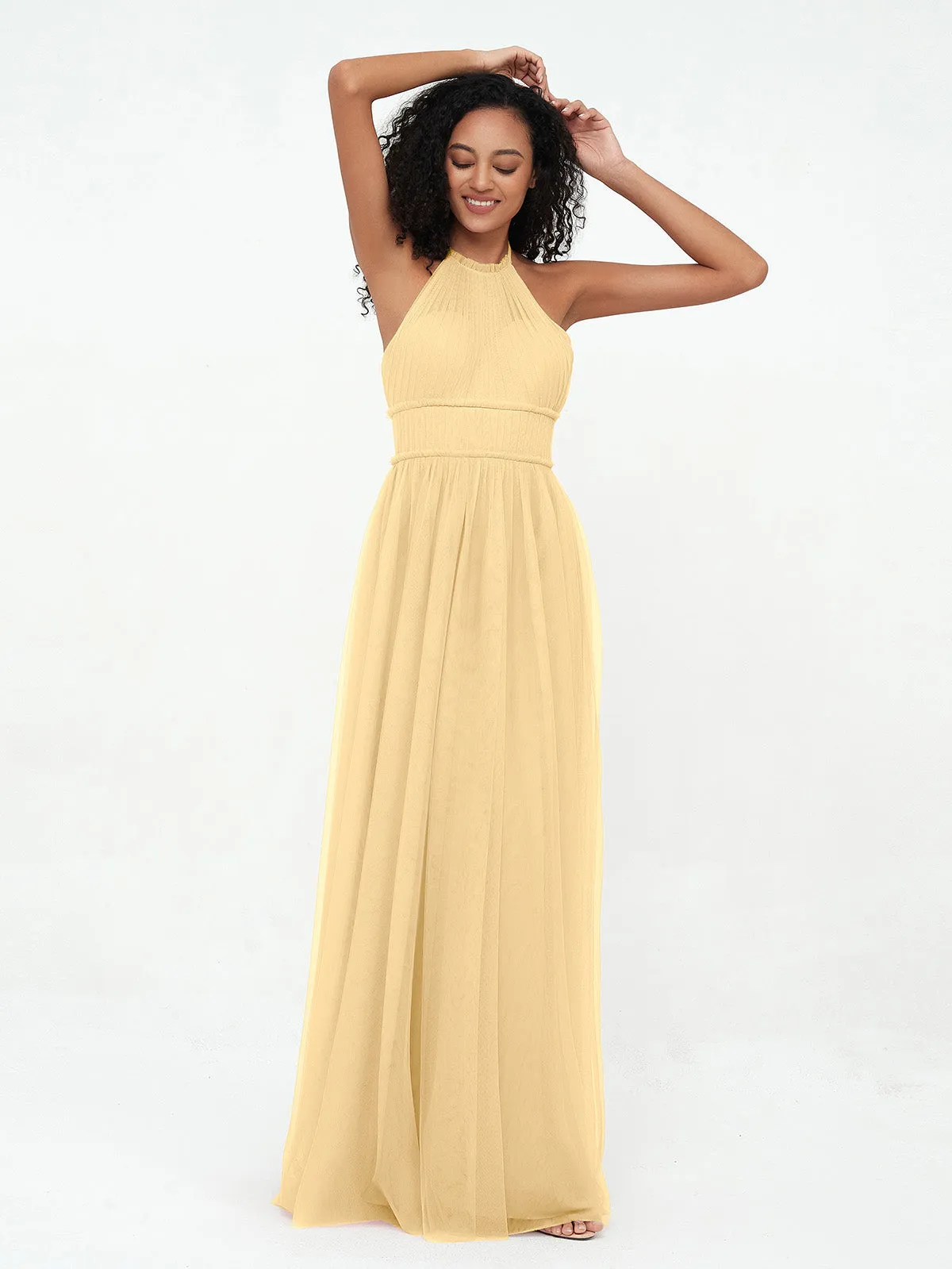 Illusion Halter Tulle Maxi Boho Dresses-Gold Plus Size