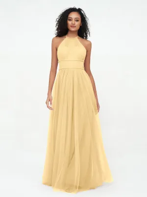 Illusion Halter Tulle Maxi Boho Dresses-Gold Plus Size