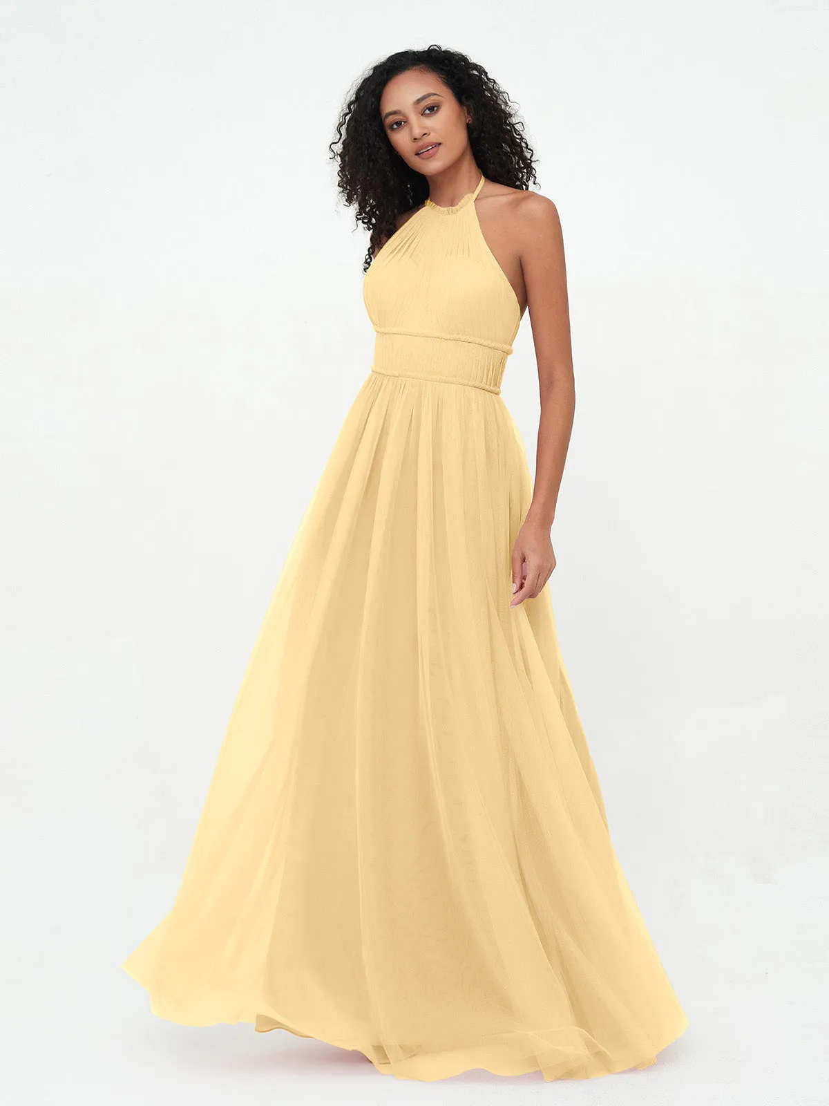 Illusion Halter Tulle Maxi Boho Dresses-Gold Plus Size