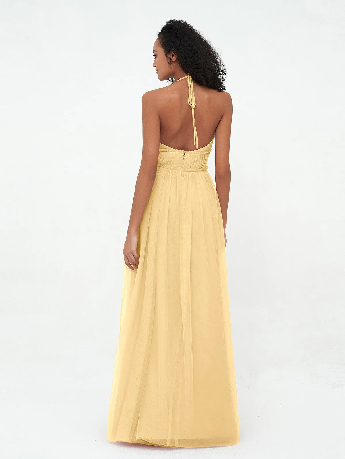 Illusion Halter Tulle Maxi Boho Dresses-Gold Plus Size