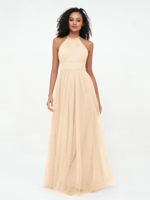 Illusion Halter Tulle Maxi Boho Dresses-Peach