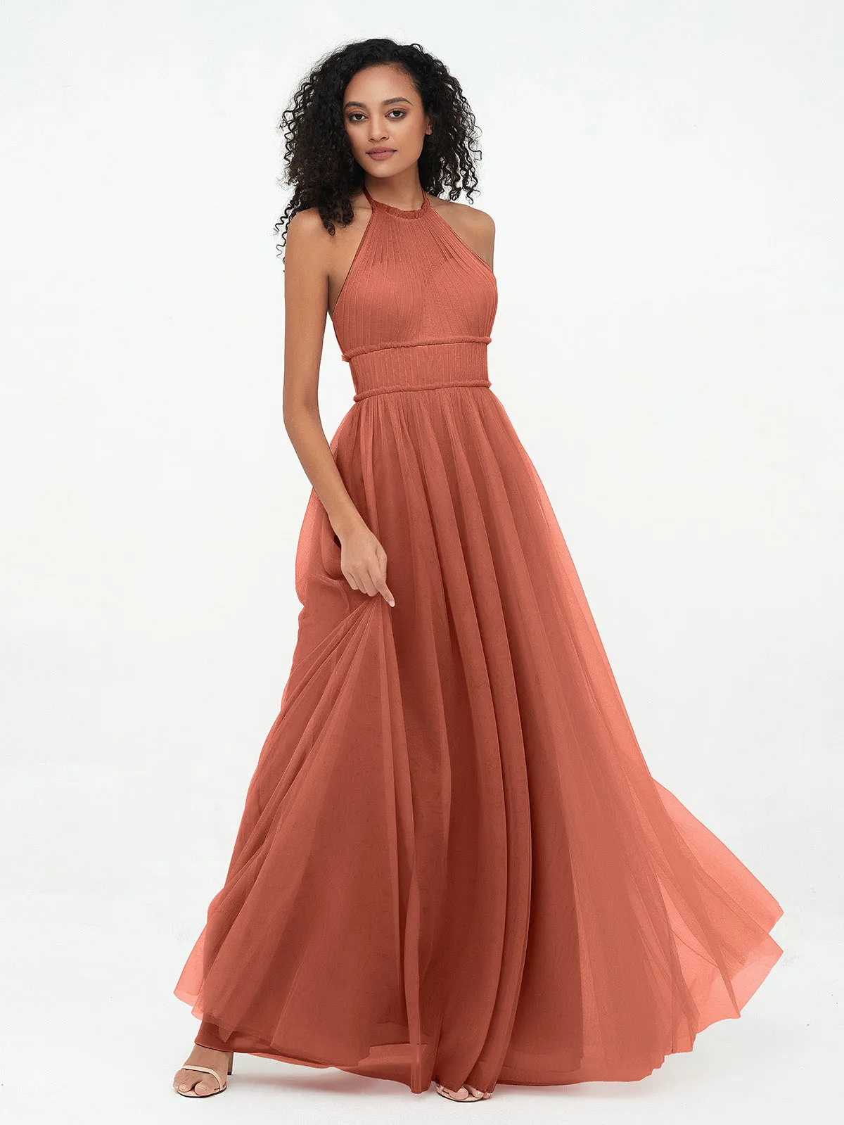 Illusion Halter Tulle Maxi Boho Dresses-Rust Plus Size