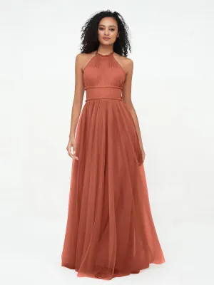 Illusion Halter Tulle Maxi Boho Dresses-Rust Plus Size